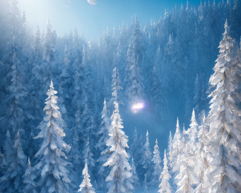 Snow-covered fir trees under bright sun with two celestial bodies in clear blue sky