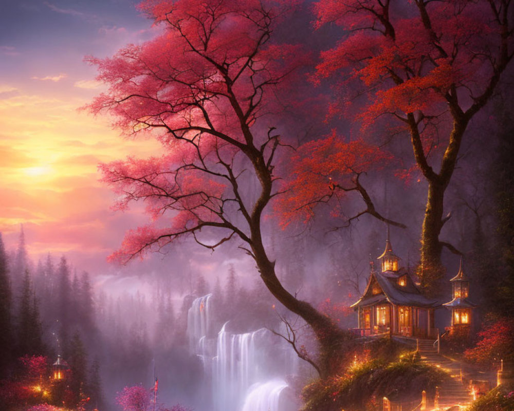 Ethereal sunset landscape with pink blossomed trees, traditional house, waterfall, and glowing lights.