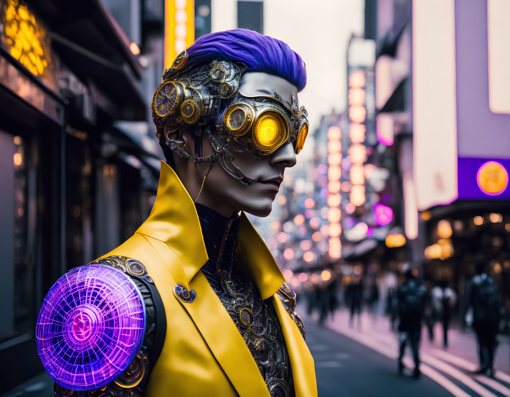Futuristic cyberpunk character with purple hair, yellow jacket, and golden goggles in neon-lit