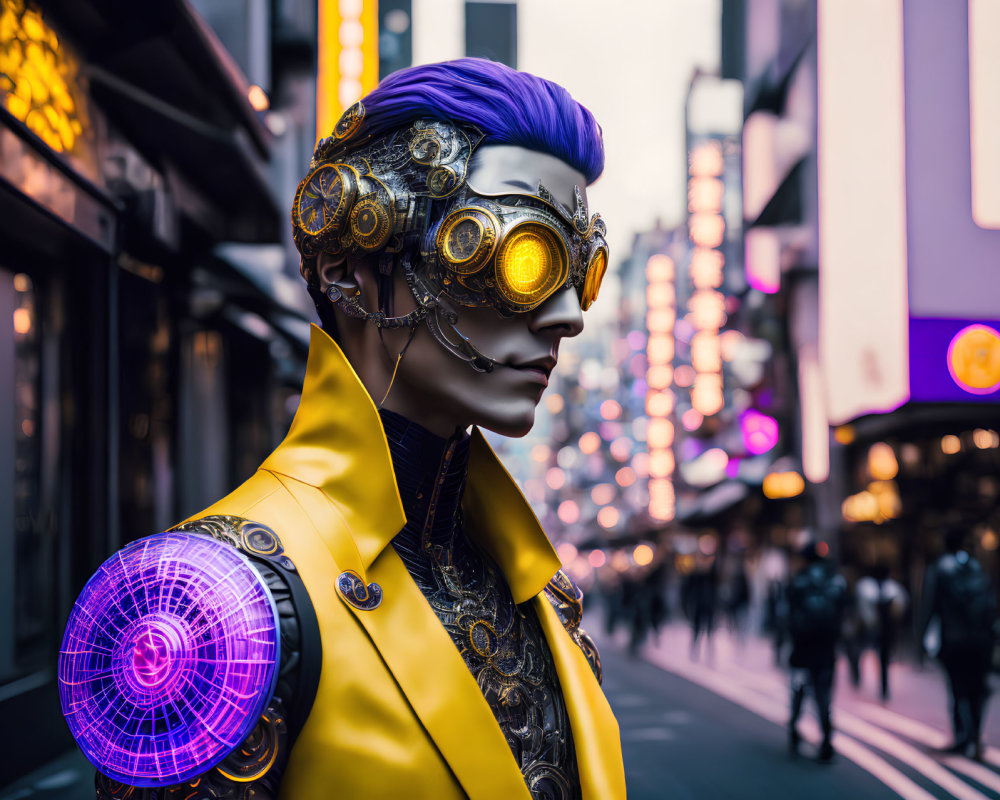 Futuristic cyberpunk character with purple hair, yellow jacket, and golden goggles in neon-lit