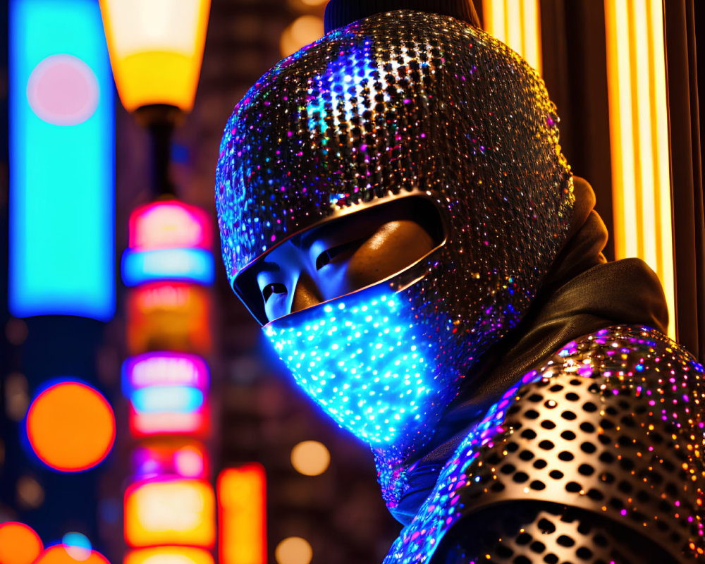 Glittering full-face mask and winter attire in neon-lit urban setting