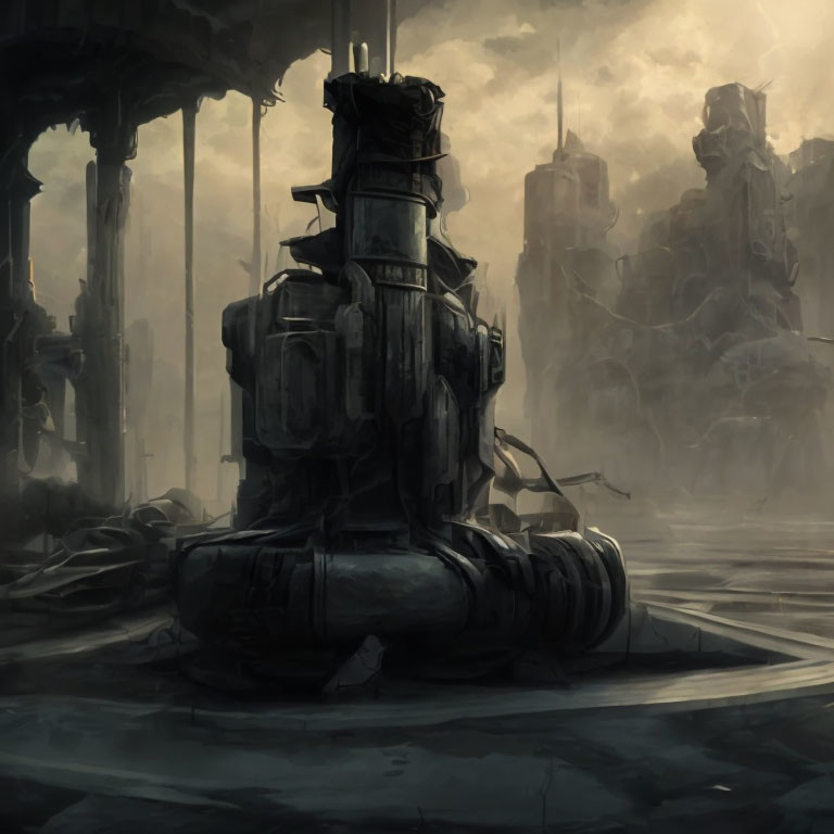 Dystopian landscape with towering dark structures and desolate ruins
