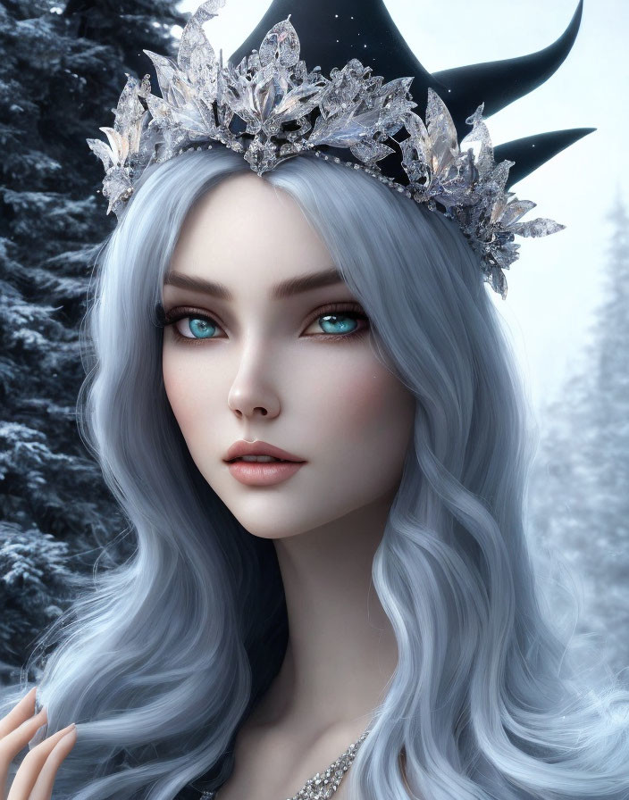 Digital artwork: Pale-skinned woman with icy blue eyes and silver hair, crystal crown and horns,