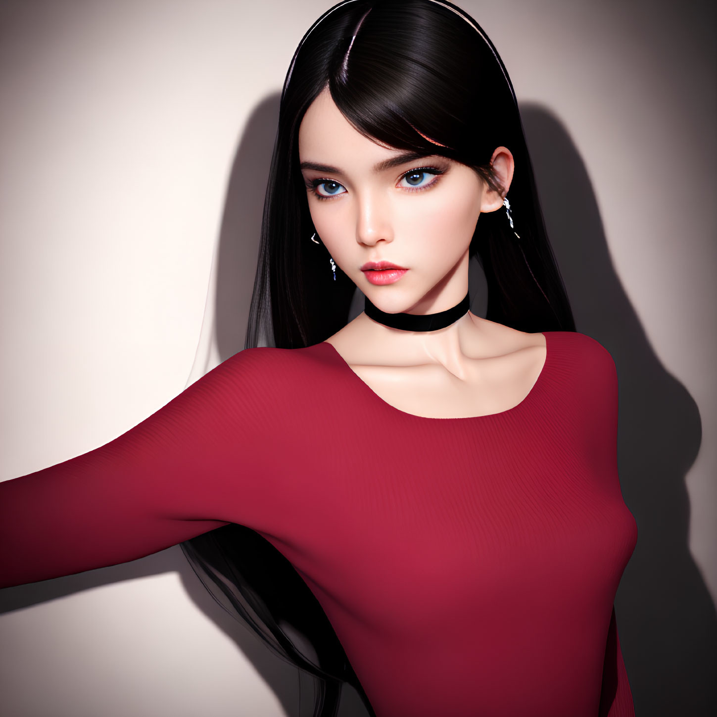 Woman with long black hair, blue eyes, red top, black choker, and earrings.