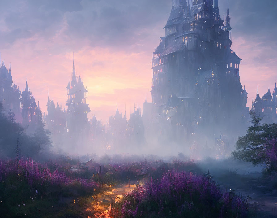 Mystical fantasy castle at sunset with mist, spires, and purple flora