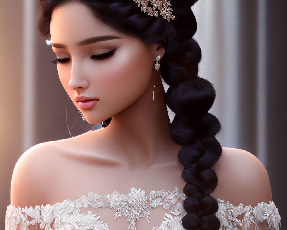 Woman in braided hairstyle, elegant earrings, and lace gown casting a gaze