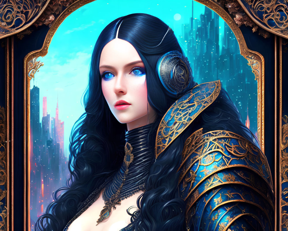 Female character in blue and gold armor with long black hair, set against a fantastical cityscape