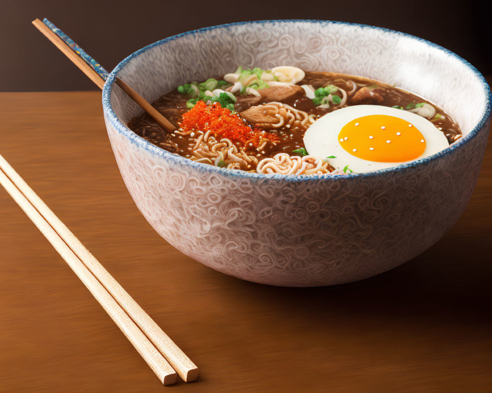 Japanese ramen bowl with egg, mushrooms, green onions, and red roe on wooden table