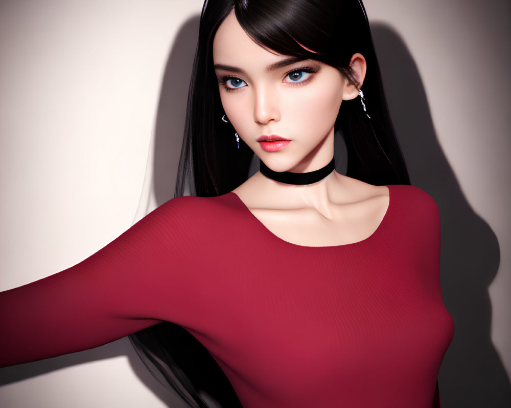Woman with long black hair, blue eyes, red top, black choker, and earrings.