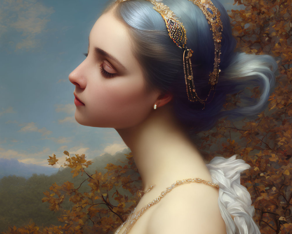 Portrait of woman with blue hair and golden headpiece in autumn setting