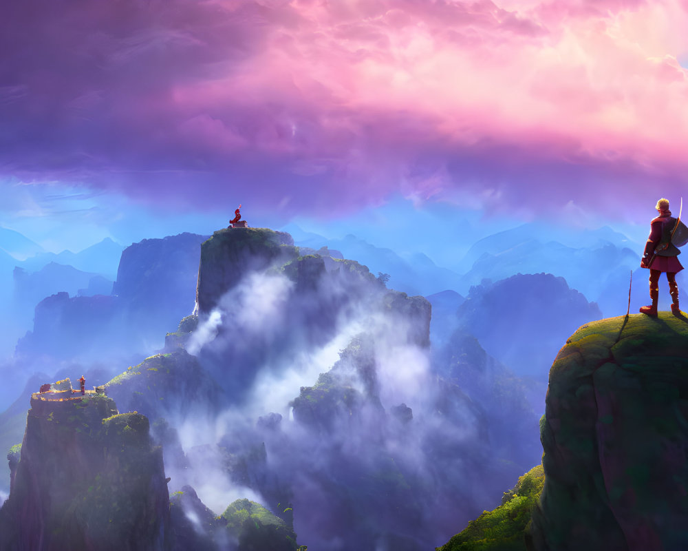 Fantasy landscape with misty mountains and dramatic sky