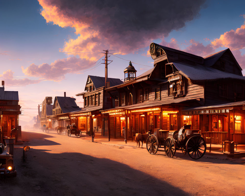 Old Western town at sunset with wooden buildings and horse-drawn carriage