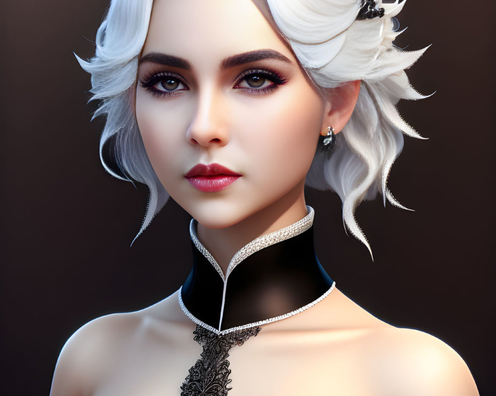 Portrait of woman with white hair, dark eyes, black & white dress, lace choker.