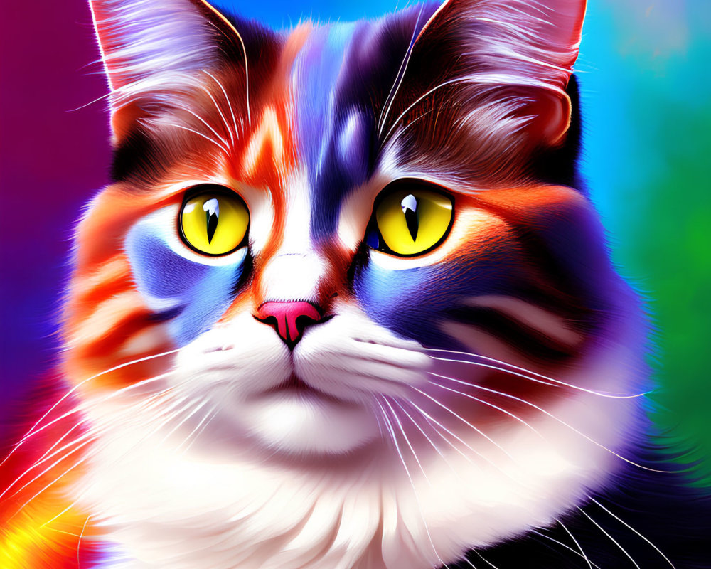 Colorful close-up digital art of cat with striking eyes and vibrant fur