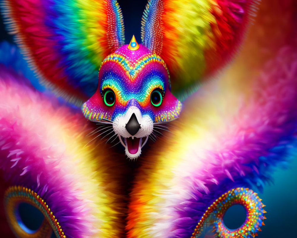 Colorful Rabbit Face Mask and Rainbow Feather Headdress Display