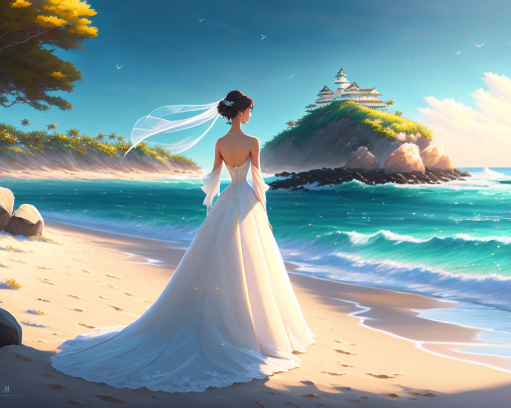 Bride in white gown on sandy beach, looking at castle on lush island