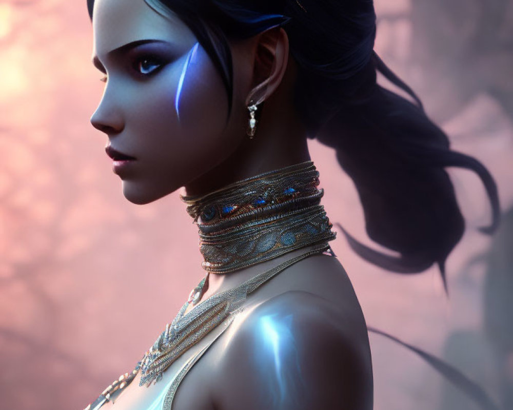 Ethereal female figure with horns and glowing blue facial markings against soft purple backdrop