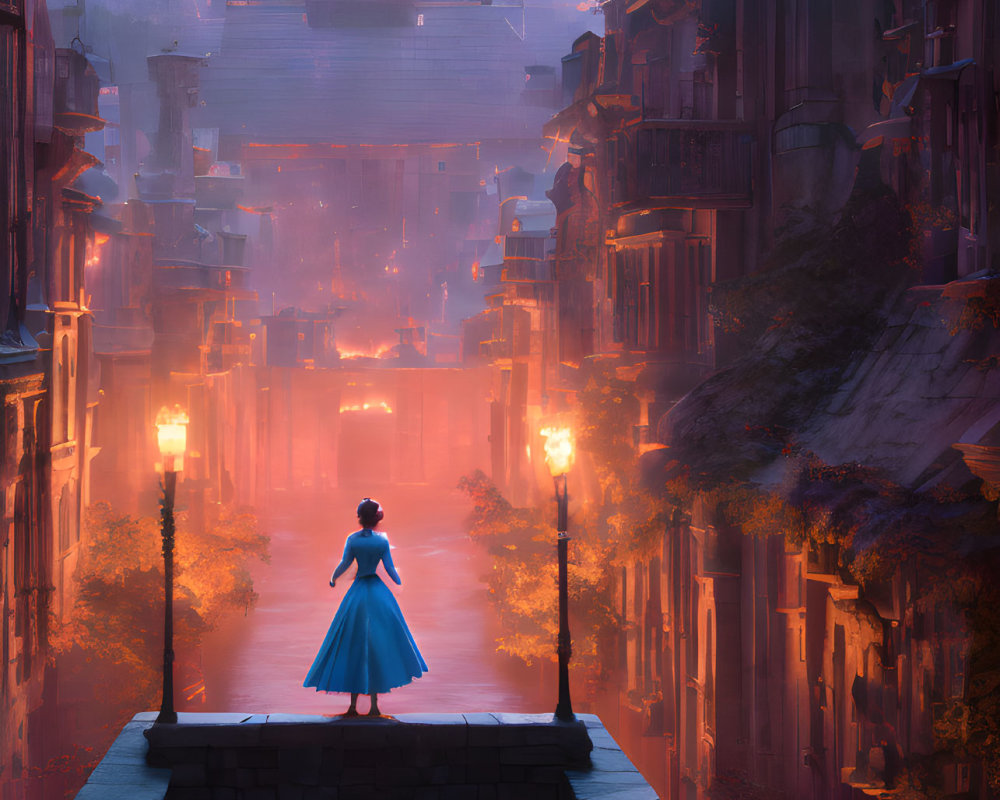 Fantastical cityscape with figure in blue cloak