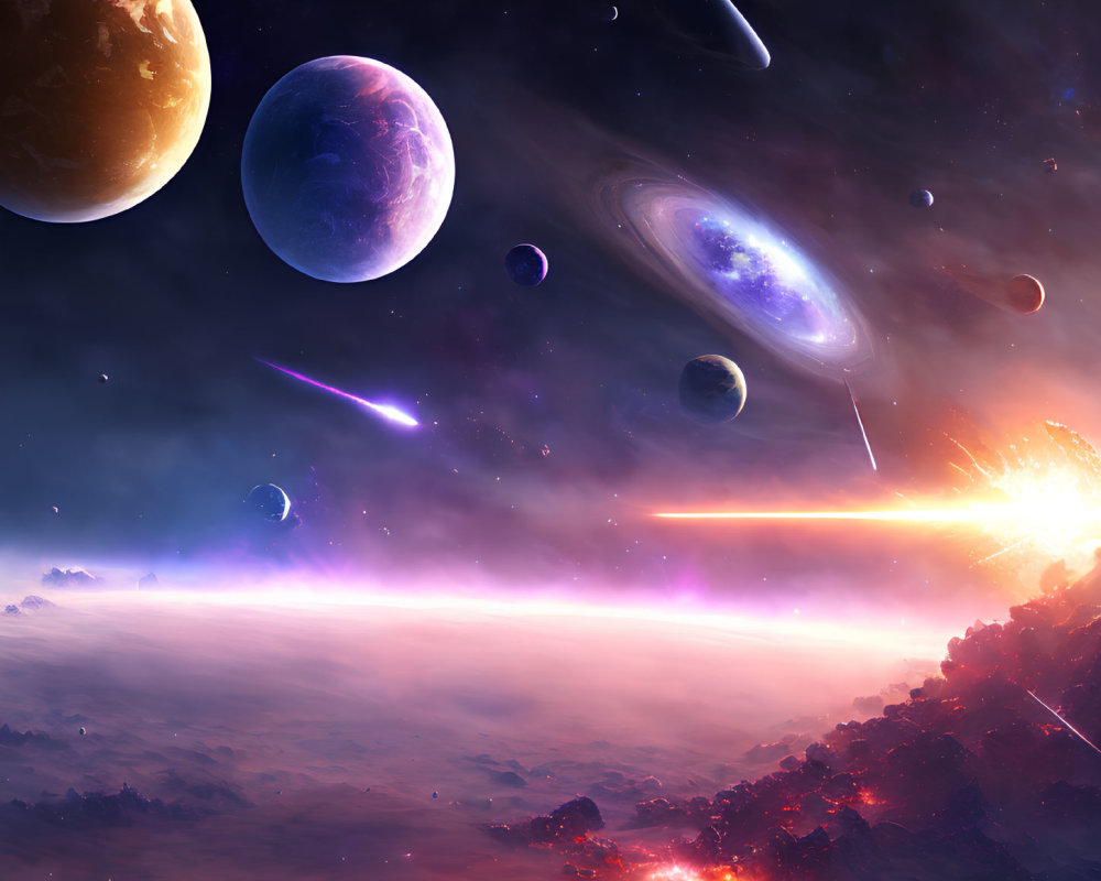 Colorful Cosmic Scene with Planets, Galaxy, Shooting Stars, and Interstellar Horizon