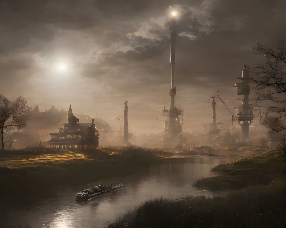 River scene at dusk with traditional and futuristic elements.
