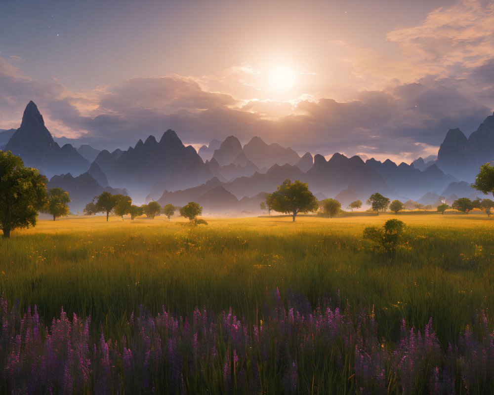 Tranquil sunset landscape with purple flowers, trees, and mountains