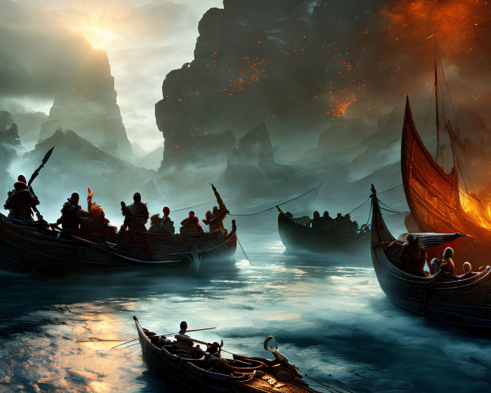 Viking warriors in boats near volcanic eruptions on rugged coastline