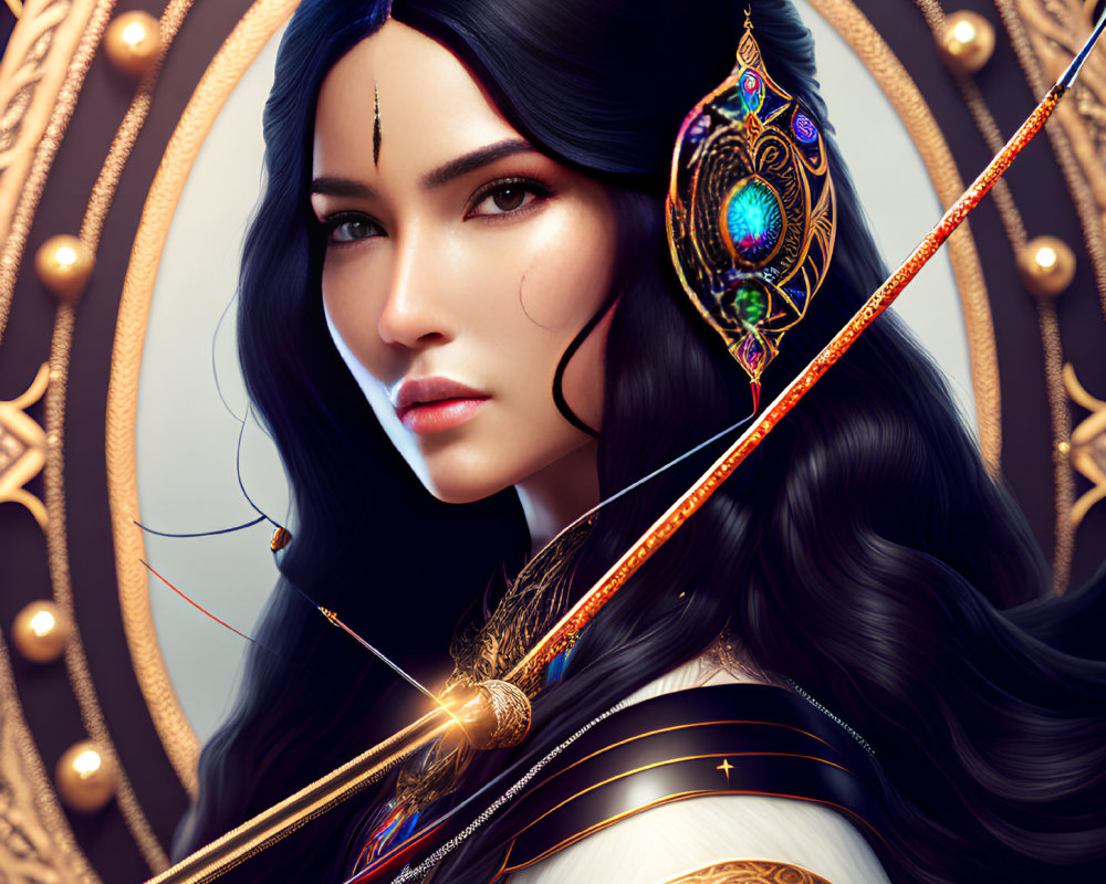 Digital artwork featuring woman in ornate armor with glowing staff