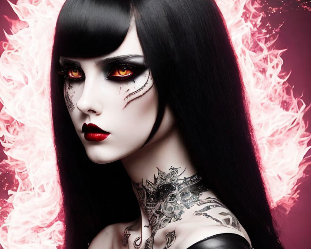 Pale-skinned woman with dark hair and gothic makeup against pink backdrop