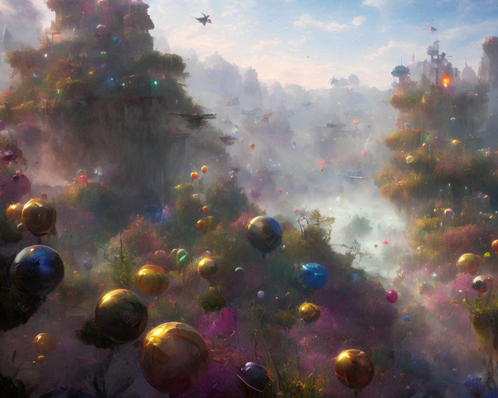Fantastical landscape with floating islands and colorful orbs