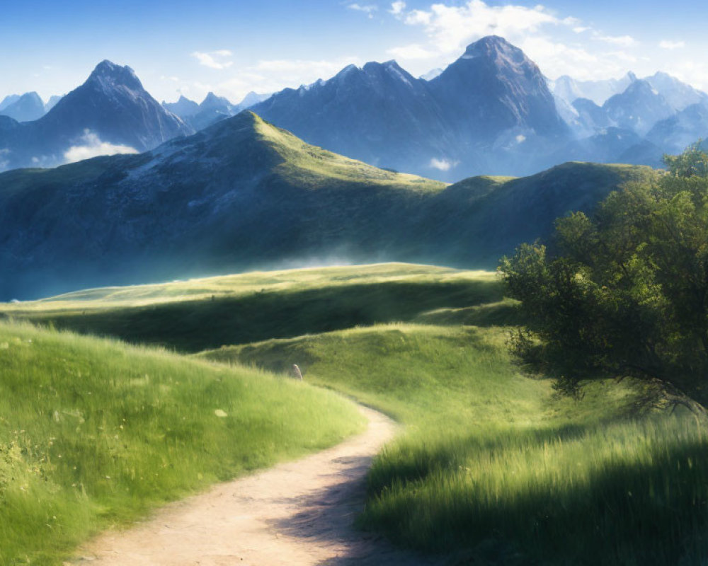 Tranquil landscape with winding path, solitary tree, lush hills, and majestic mountains
