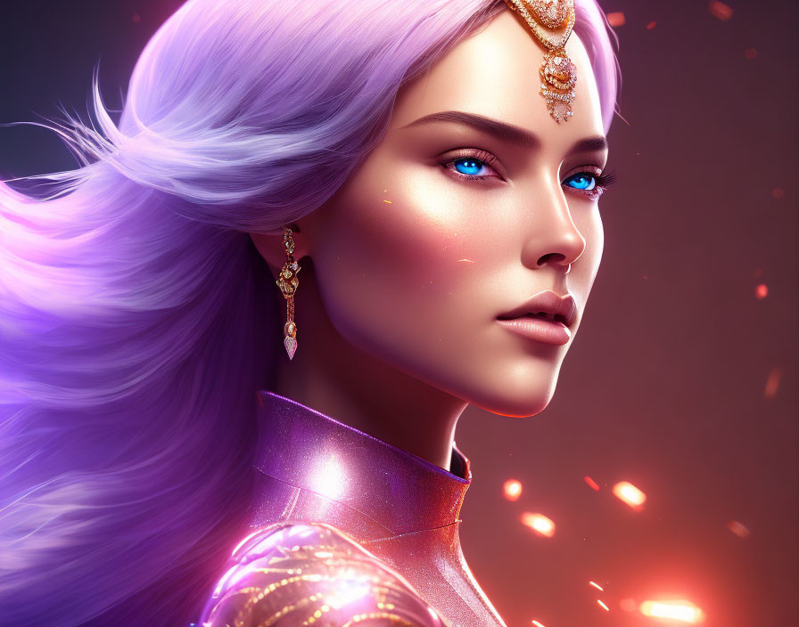 Digital artwork: Woman with lilac hair, blue eyes, gold jewelry on warm glowing background