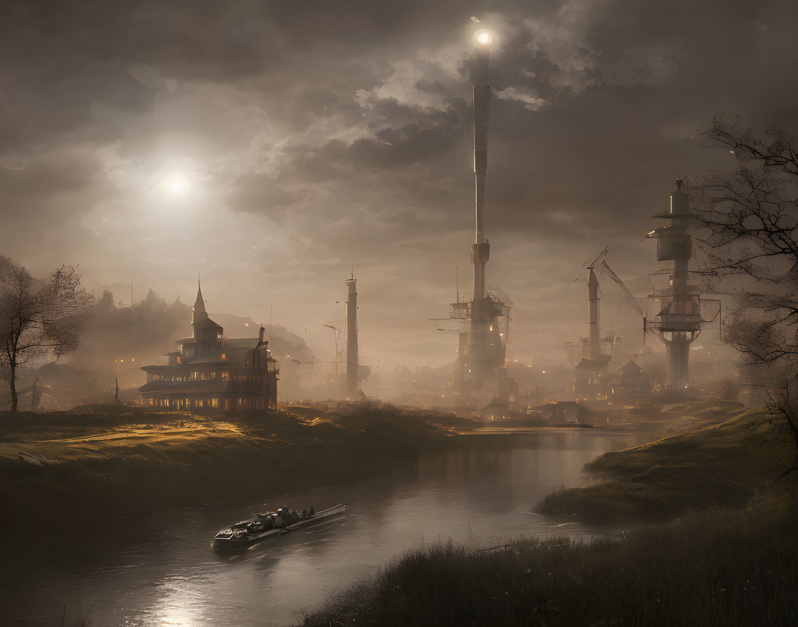 River scene at dusk with traditional and futuristic elements.