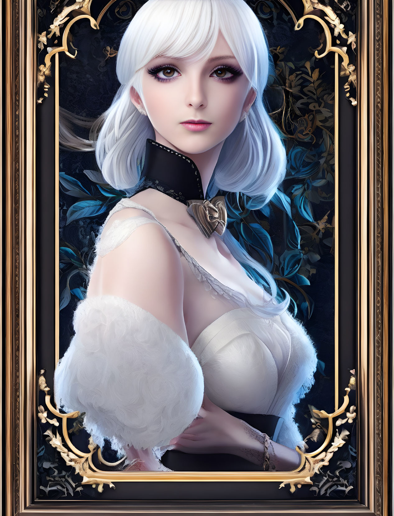 Digital portrait: Female fantasy character with white hair, pale skin, and violet eyes in golden frame