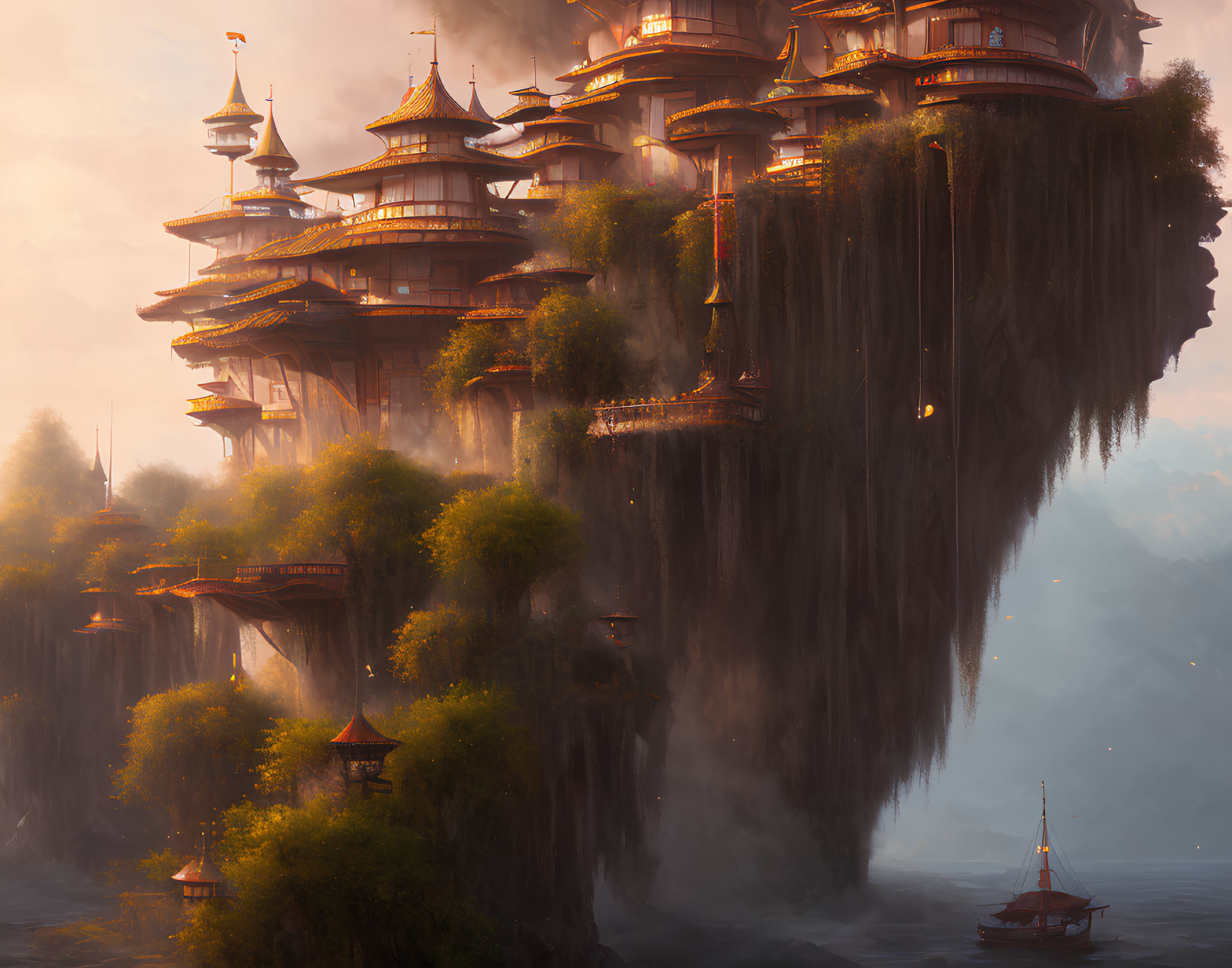 Ethereal floating city with Asian architecture in golden sunset glow