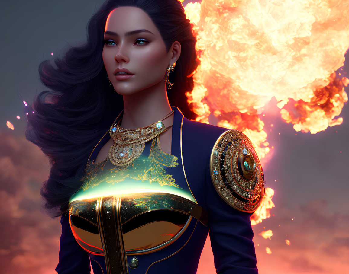 Digital artwork: Woman in black hair, ornate armor, gold accents, fiery sky explosion