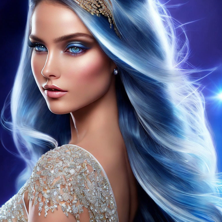 Stunning digital artwork of a woman with blue eyes and hair, wearing a gold tiara and outfit