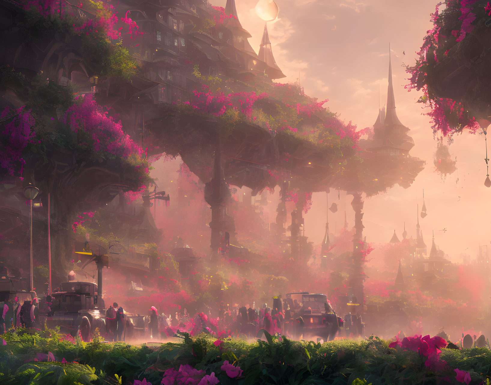 Fantastical cityscape with pink trees, flying ships, vintage cars, and intricate architecture.