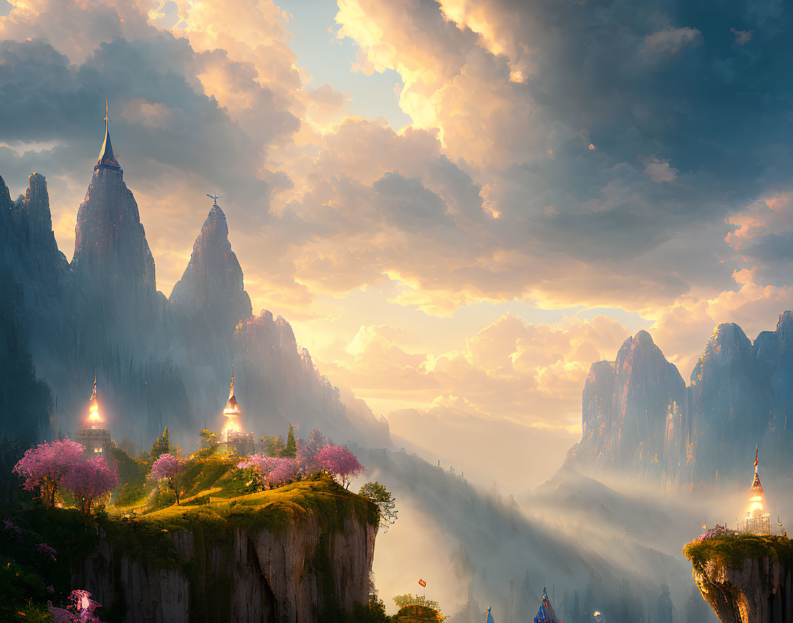 Fantasy landscape: sunrise, towering cliffs, castles, pink trees, warm cloudy sky