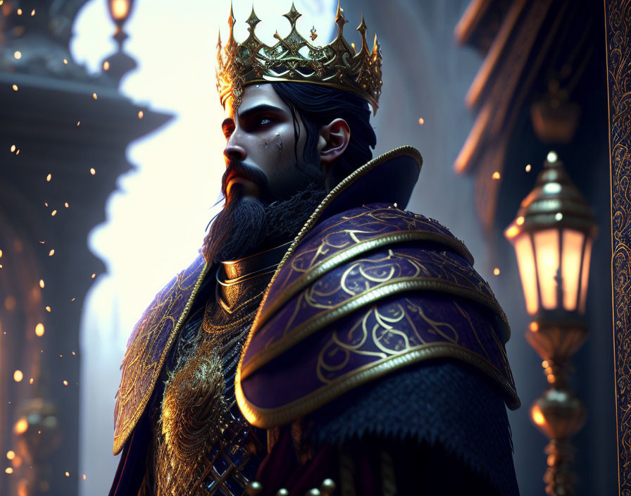 Majestic king in gold and purple cloak with lanterns and corridor.