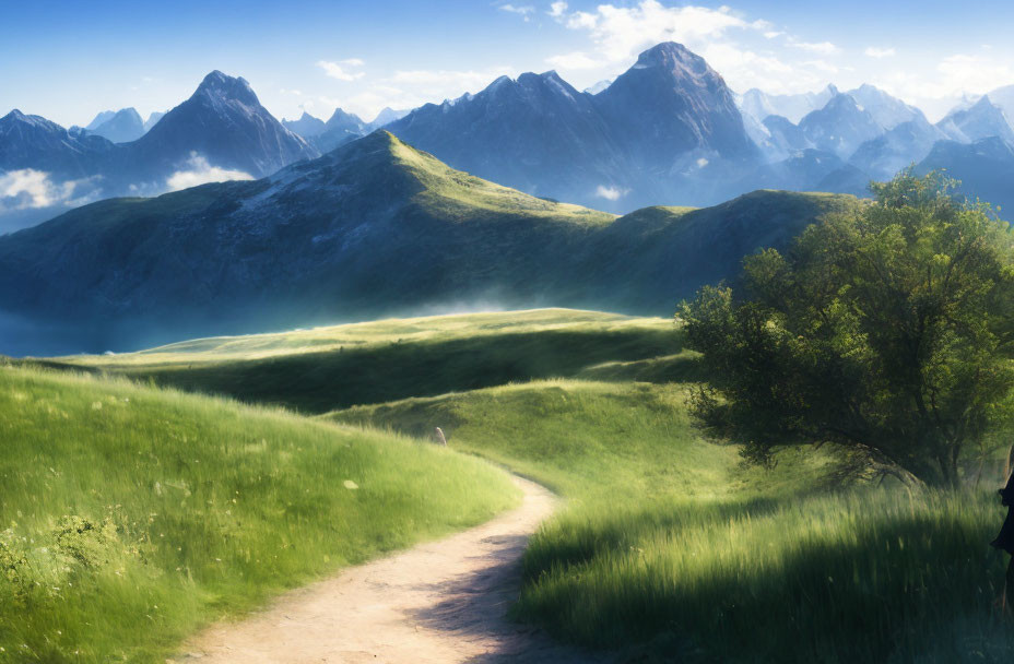 Tranquil landscape with winding path, solitary tree, lush hills, and majestic mountains