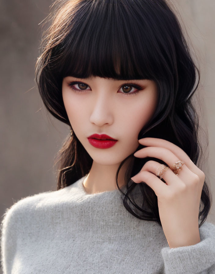 Woman with Bangs and Wavy Hair in Grey Sweater and Red Lipstick