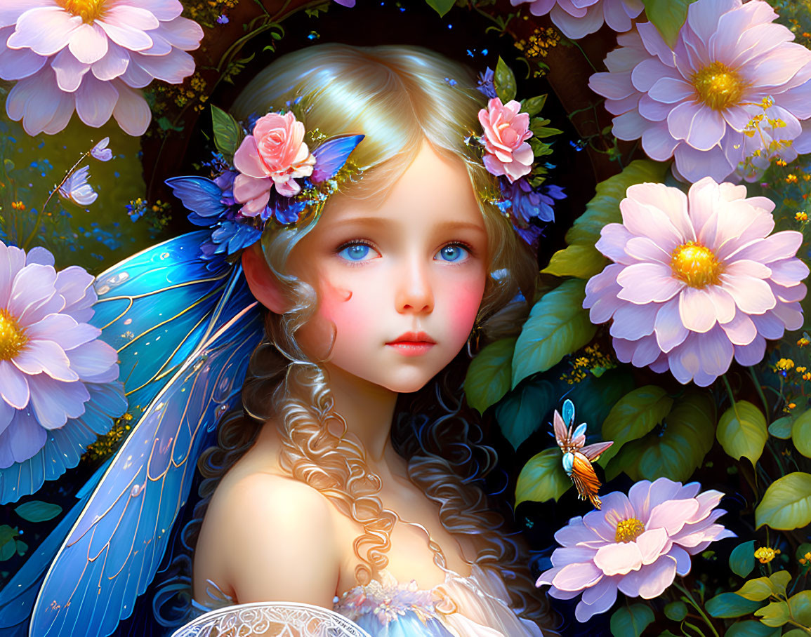 Detailed illustration of young fairy with blue wings and flowers.