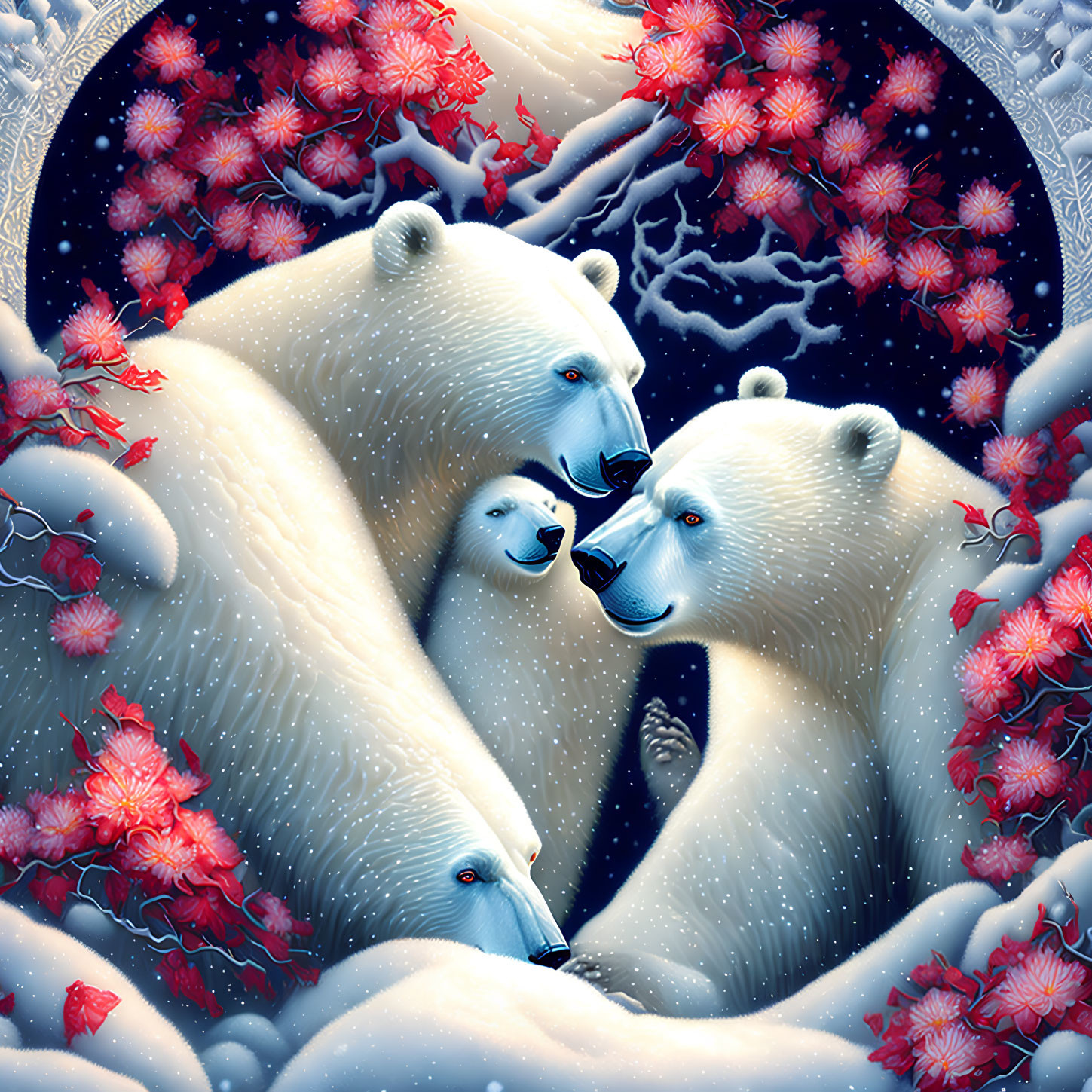 Polar bear family in snow with red flowers under moonlit sky