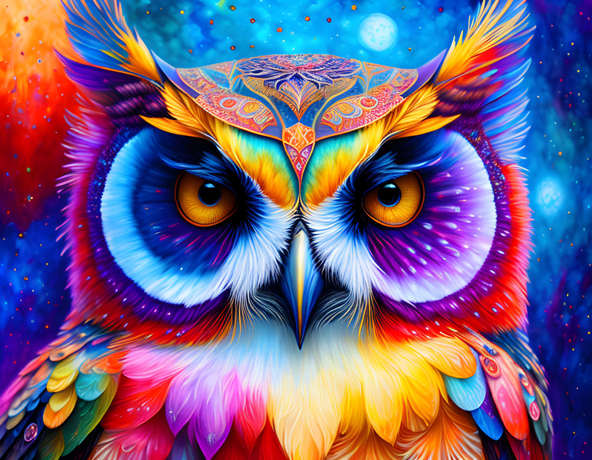 Colorful Owl Illustration with Cosmic Background and Intricate Patterns
