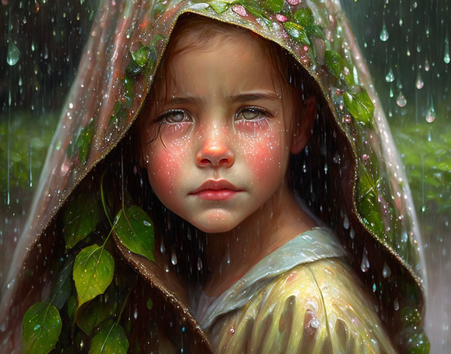 Young girl under leafy green cloak with solemn eyes in rain.
