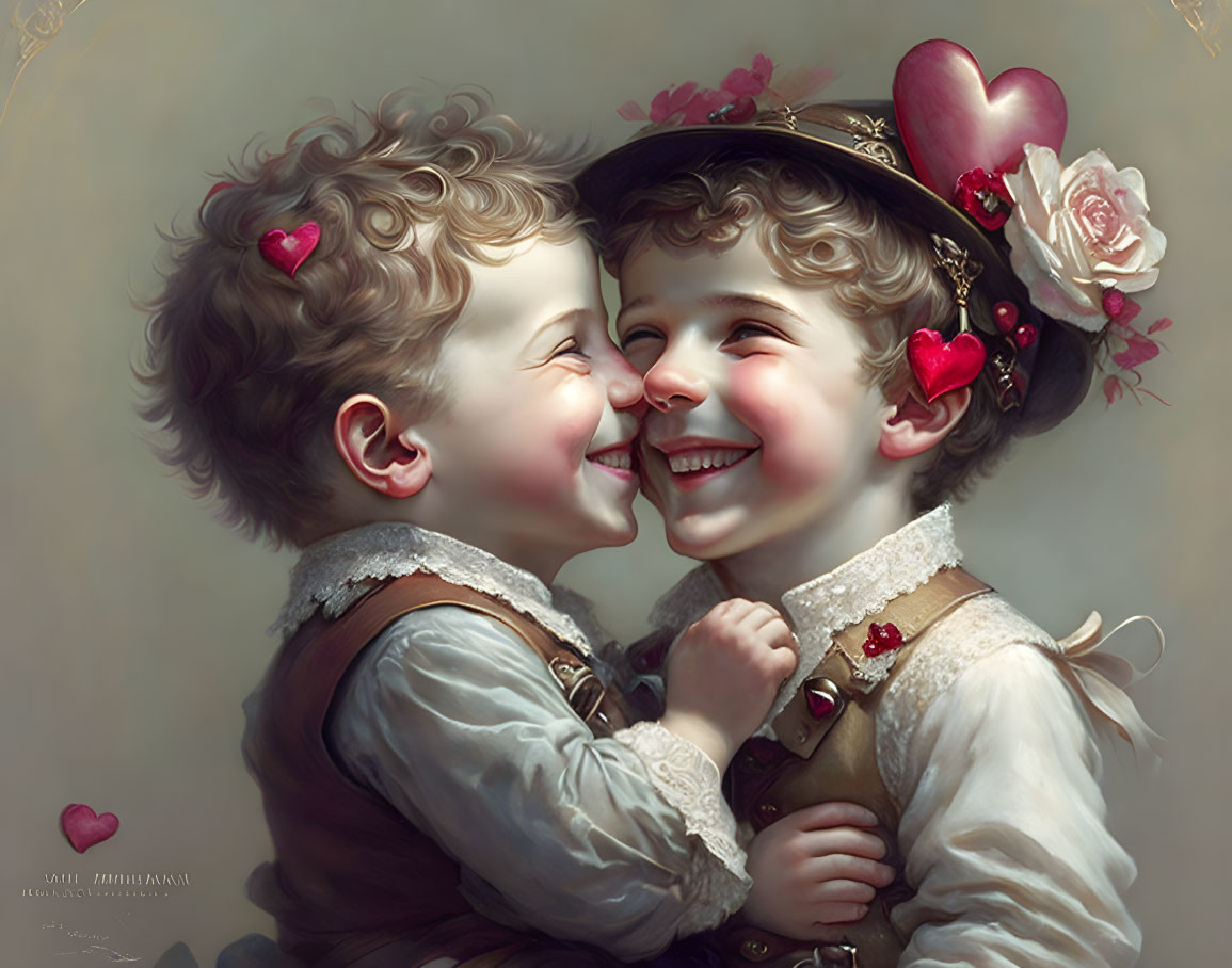 Illustrated children in vintage clothing share a joyful moment with floating red hearts.