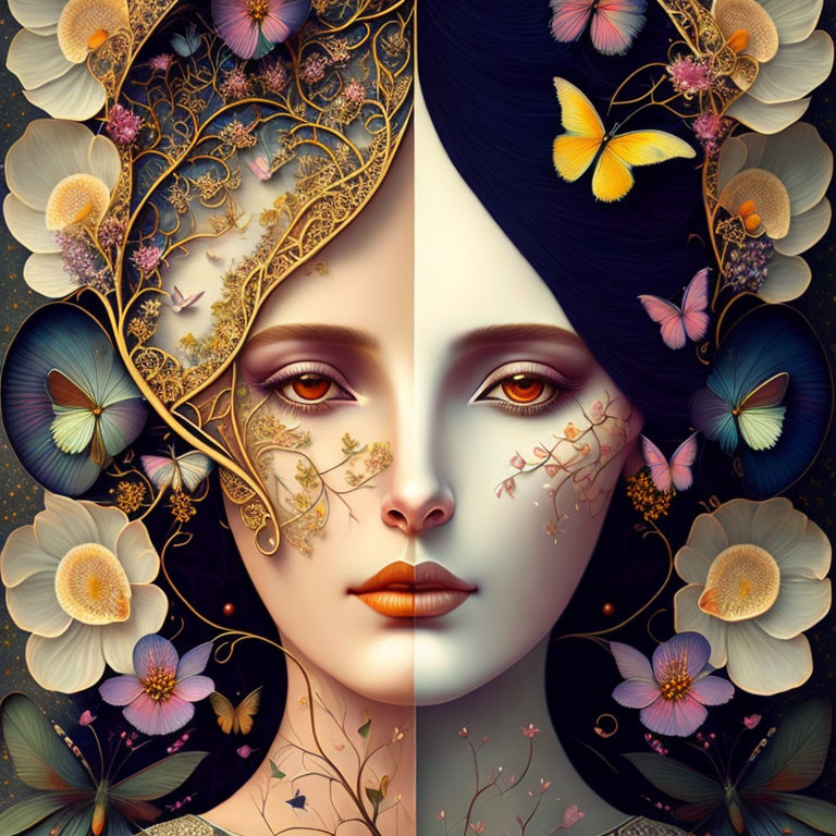 Symmetrical Woman's Face Artwork with Floral and Butterfly Motifs