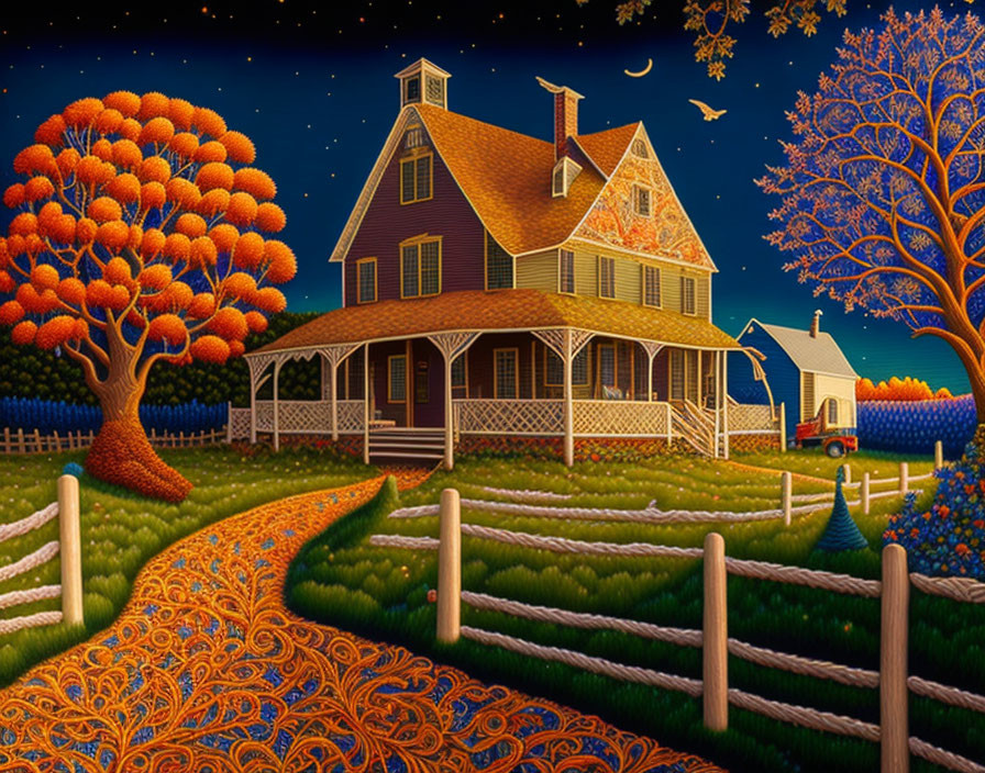 Colorful countryside scene with purple house, ornate trees, starry sky, crescent moon