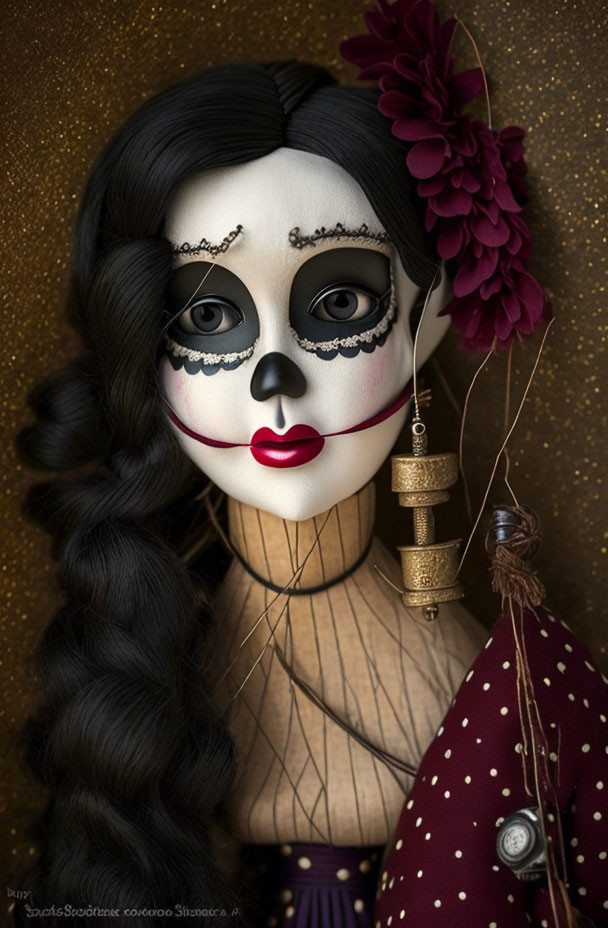 Stylized portrait of figure with white face, black lips, eye masks, and burgundy floral