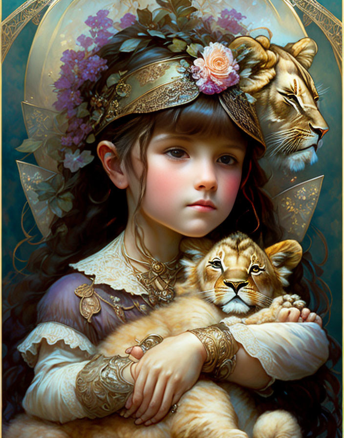 Medieval-themed artwork featuring a young girl holding a lion cub with an adult lion in the background on
